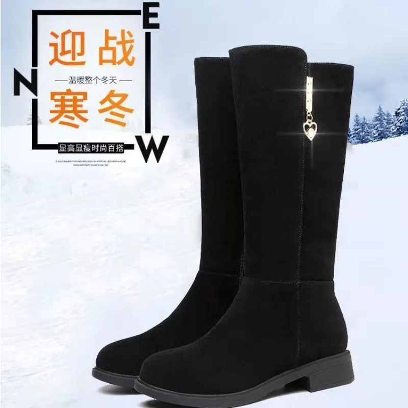 Cow Suede Mid-Calf Modern Boots 2023 New Square Heel Women\'s Shoes Winter Adult Round Toe Metal Decoration Women\'s Boots