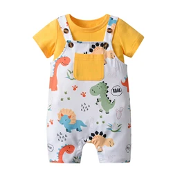 2PCS Toddler Baby Boy Cute Clothes Set New Summer Solid Tee Top and Dinosaur Printed Strap Pants Outfit for Boys 0 to 2Years