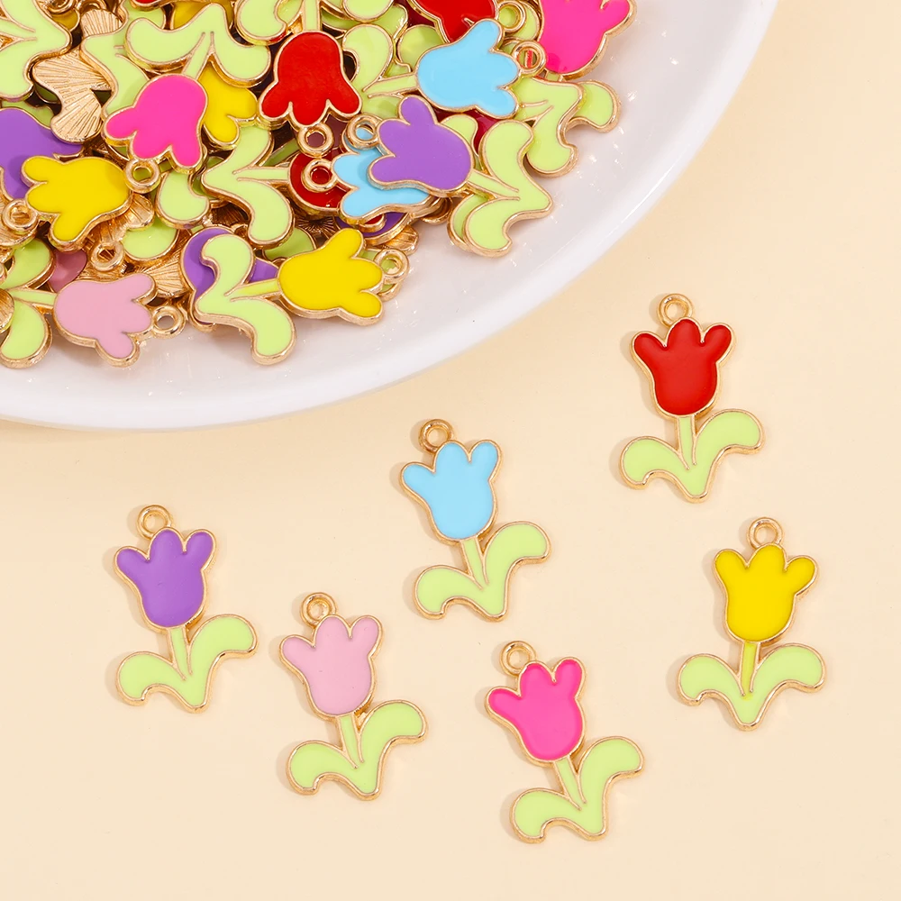 10Pcs Cute Multicoloured Enamel Tulip Diy Charms For Women Jewelry Making flower Pendant Earrings Bracelet Handmade Crafts