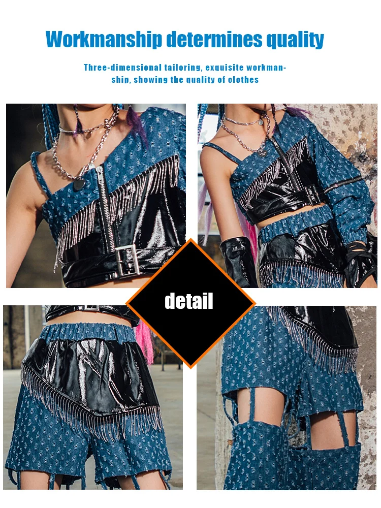 ZZL K-pop Stage Outfits Urban Dance Girl Clothes Blue and Black Hollow-carved Design Jazz Hip-hop Catwalk Performance Costume