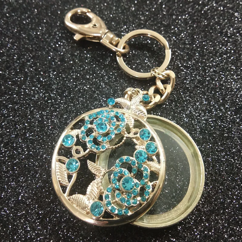 

Brand New Design Luxurious Green Crystal Flower Openable Magnifier Key Chain Magnifing Glass Monocle for Women Evening Party