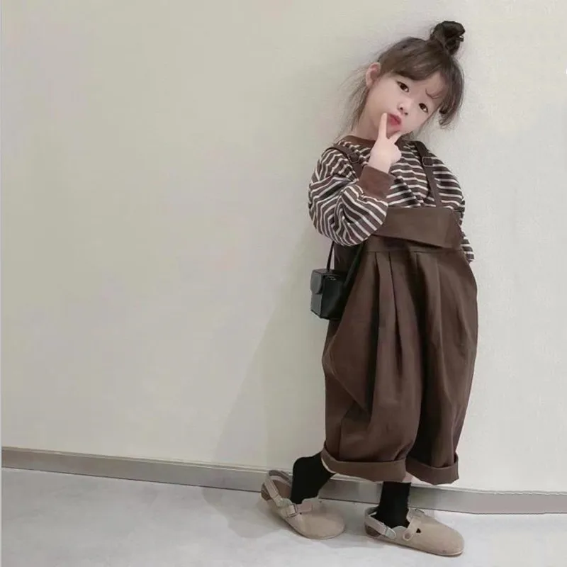 2025 Spring and Autumn New Style Girls' Set Striped Long Sleeved Base Shirt Top + Jumpsuit Lantern Pants Toddler Girl Clothes