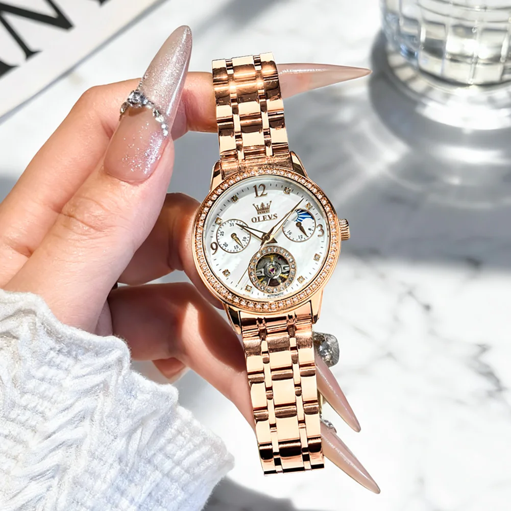 

OLEVS 6750 Brand authentic Woman's mechanical watch with diamond-encrusted tourbillon movement Luminous