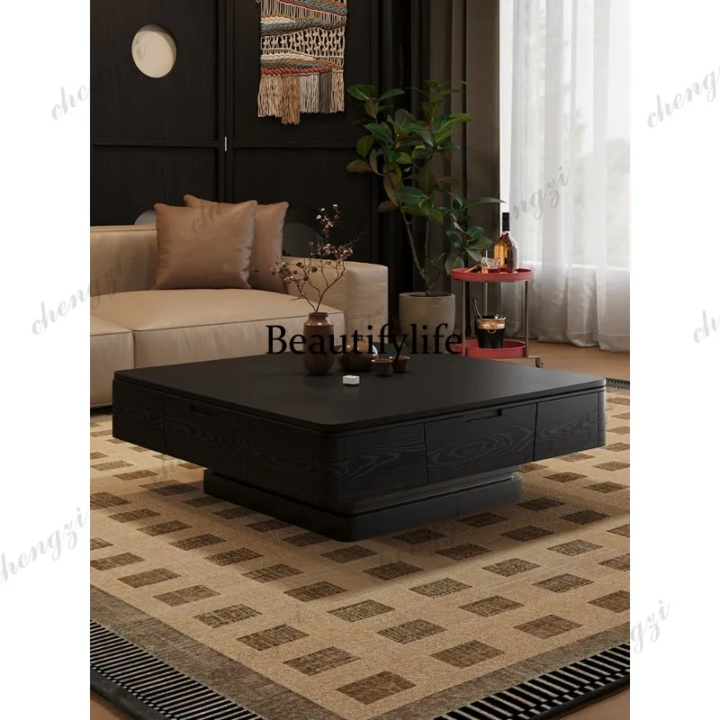 Solid wood coffee table mahjong table can be lifted and lowered in ancient style for home use, movable heating fire mahjong