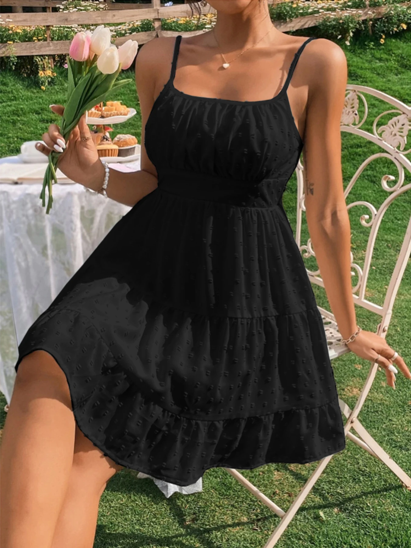 CPSYMYM Vestido camisola sin mangas de color liso con volantes y cintura sexy de verano para mujer