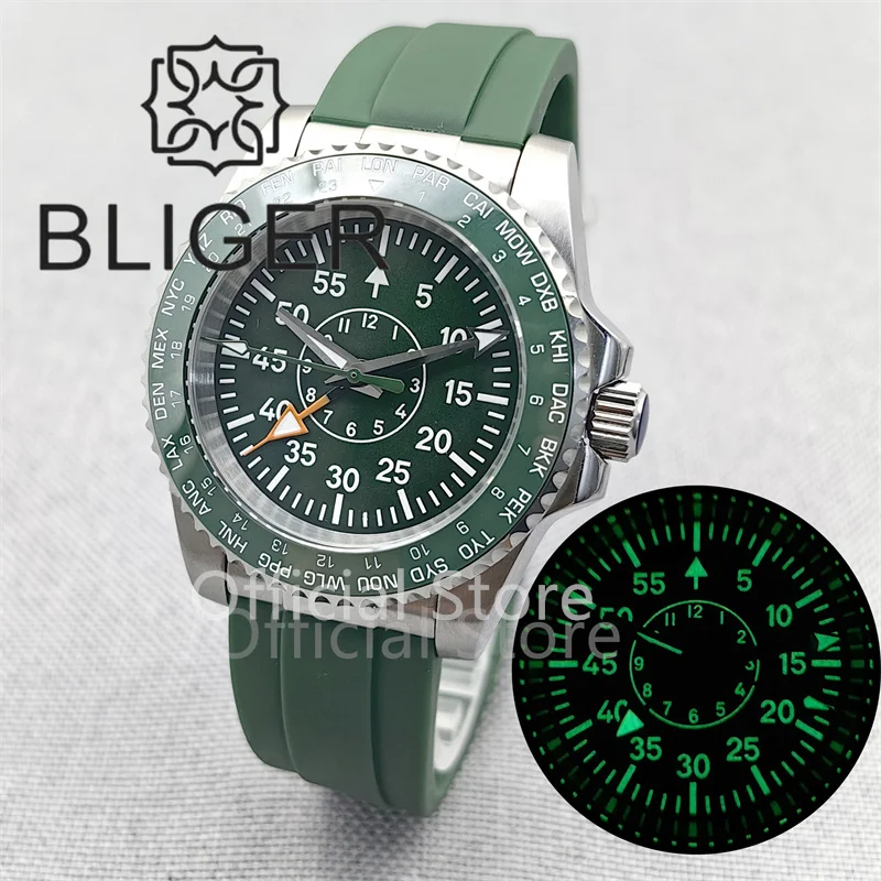 BLIGER 40mm Men Pilot 100m NH34 GMT Automatic Diving Watch Black Cream Dial With C3 Green Luminous Sapphire Glass Rubber Strap