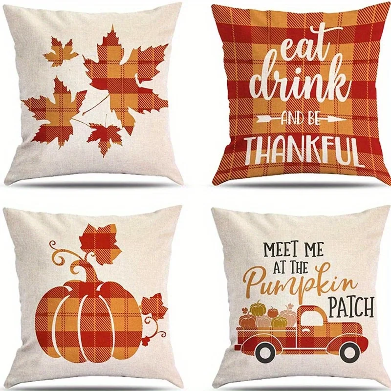 Short plush material pillowcaseHome Decor Eat Drink Thankful and Fall Themed Pillows Pattern Cushion Cover Suitable for Sofa Bed