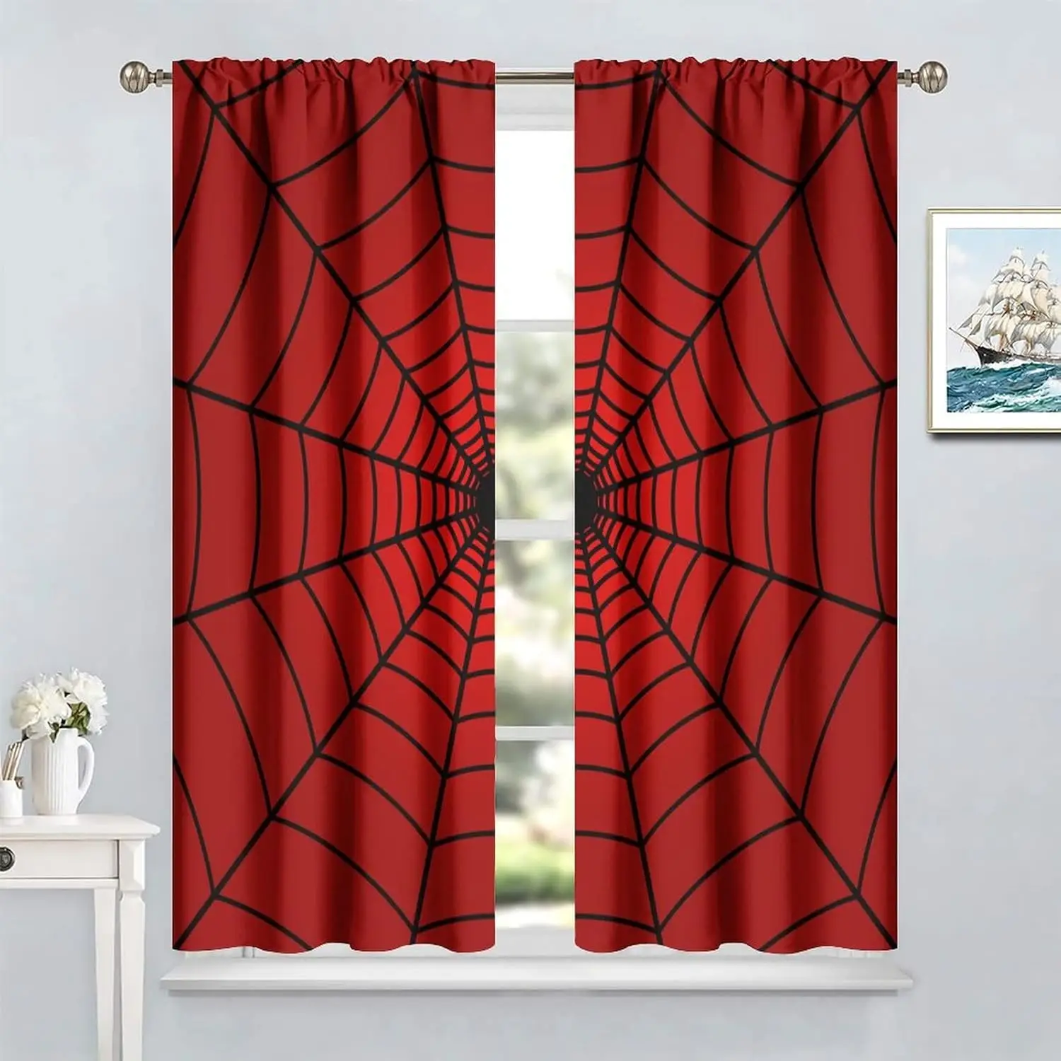 Spider Web Window Curtains for Kids, Black Spiderweb Kids Red Curtains Blackout Rod Pocket Windows Treatments for Boy Girl Baby