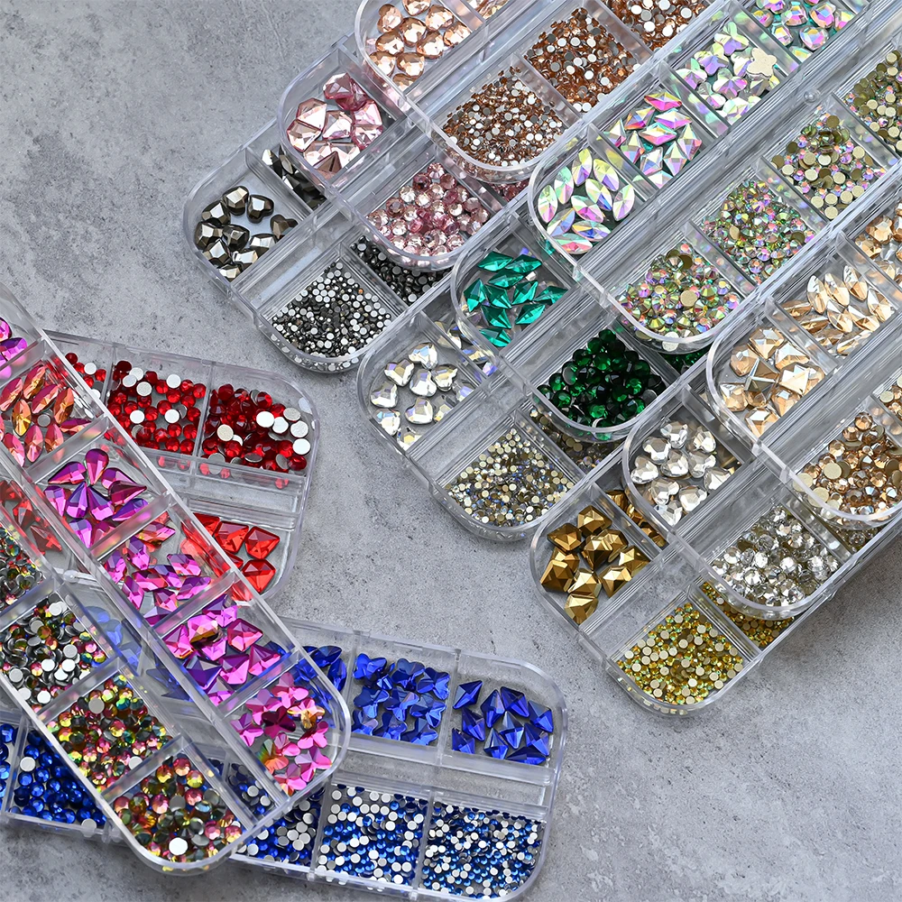 12 グリッド 3D 混合形状ネイルアートラインストーンゴールド/AB/クリア/レッドヒラタガラスダイヤモンドネイルチャーム DIY ネイルアート装飾宝石