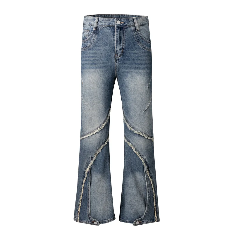 

2024High Street Heavy Stitching Edging Slightly Flared Jeans Men and Women Same Style American Street Loose-Fitting Wide-Leg Tro