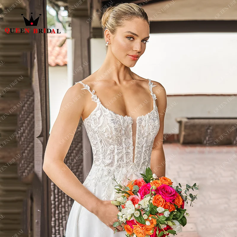 Robe De mariée élégante ligne A, col carré, avec des Appliques en dentelle, sans manches, longueur au sol, personnalisée, Y94H, 2024