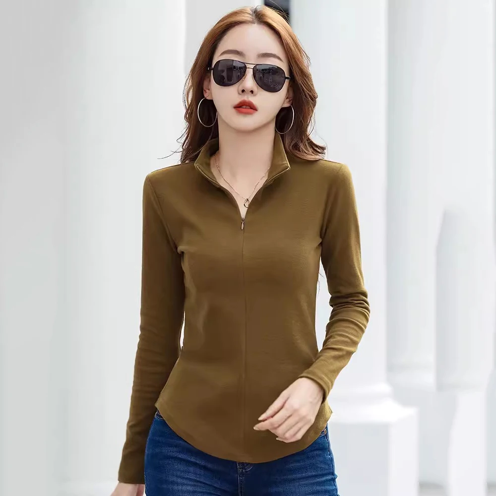 Nouveau Femmes Col mi-haut avec fermeture éclair Chemise bas Automne Hiver Simplicité de la mode Couleur unie Manche longue T-shirt ajusté Hauts