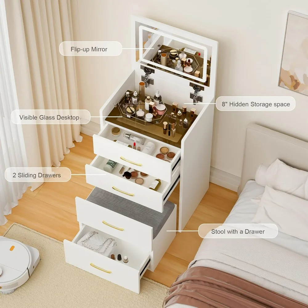 Meja Rias 3 In 1 dengan Cermin Atas Terbuka, Set Rias dengan Desktop Kaca Terlihat, Meja Rias Rias dengan 3 Laci, Meja Rias