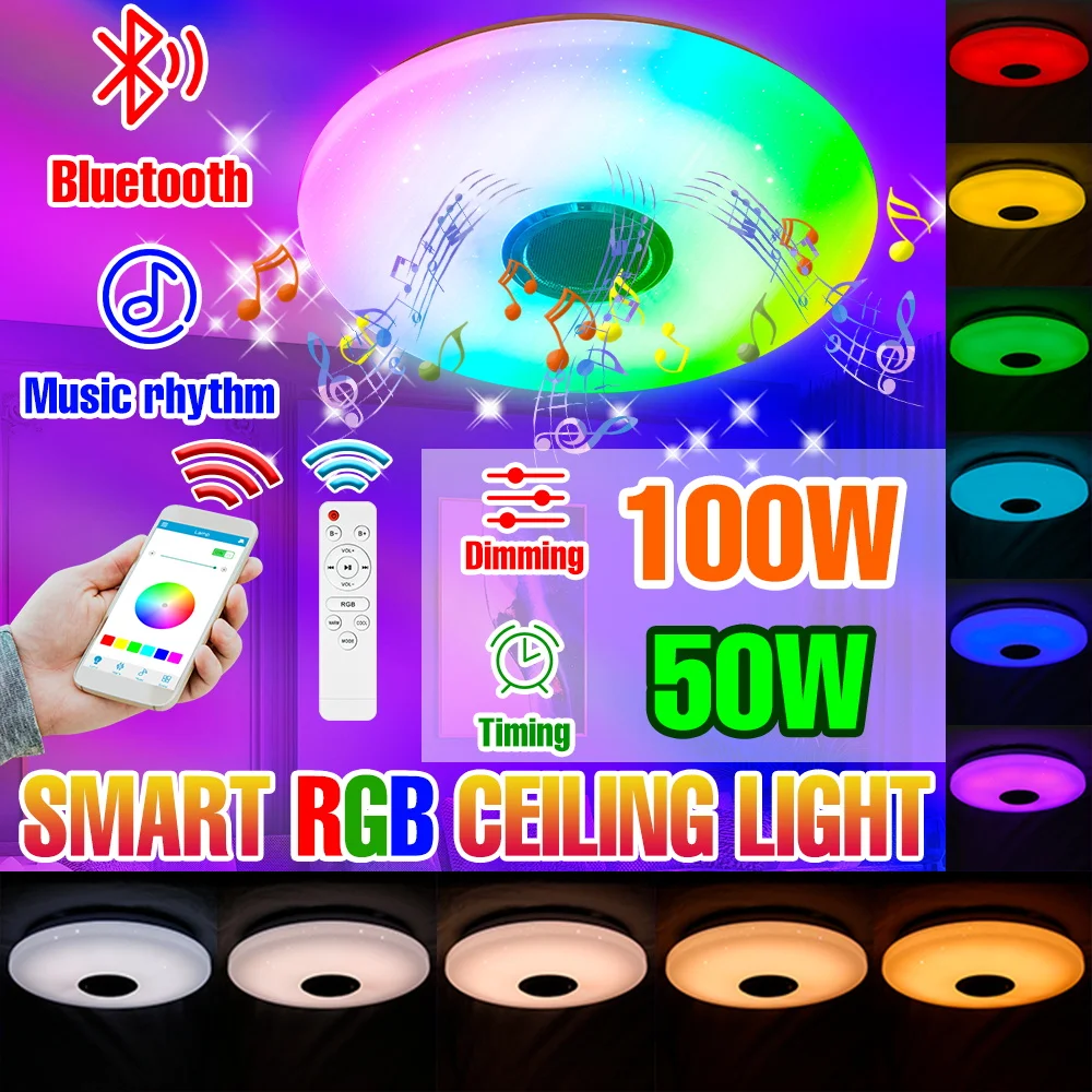 100-ワット-rgb-シーリングライト-led-スマートスピーカー付き音楽ランプ-ac100-240v-bluetooth-接続-app-リモコン調光可能なシャンデリア