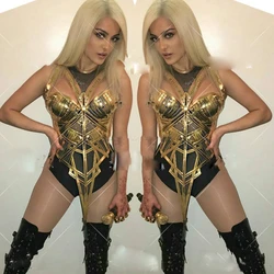 openwork mirror leather women Stage Model stitching flash drill jumpsuit DJ female singer GOGO costume