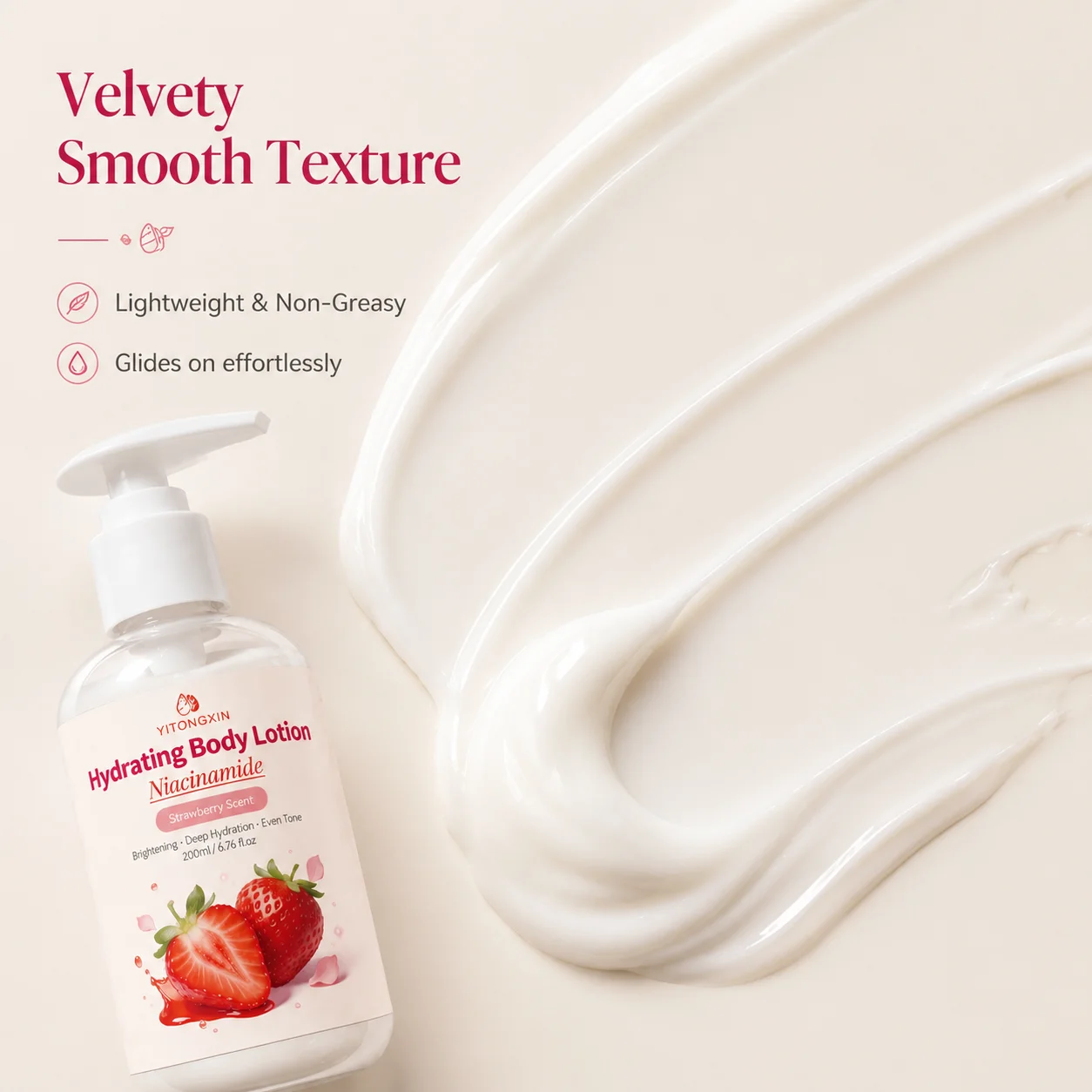 Niacinamide Body Lotion Strawberry Scent 200ml Hydrating Brightening Deep Moisture Even Tone Fast Absorbing Skin Care