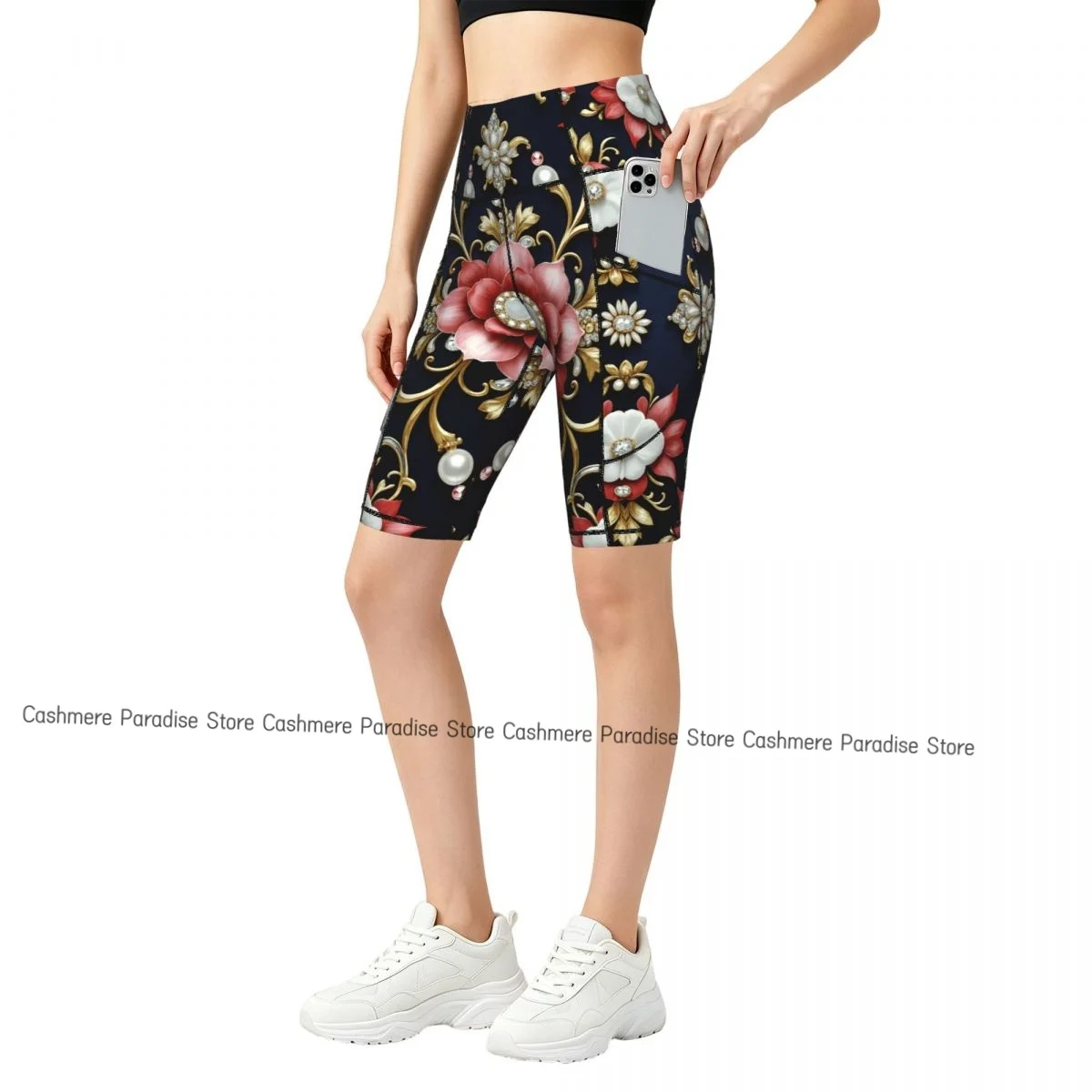 

Double Pocket Sports Shorts Women Elastic Slim Luxurious Gold Pearls Shorts Gym Exercise Running High Waist Yoga Fitness Shorts