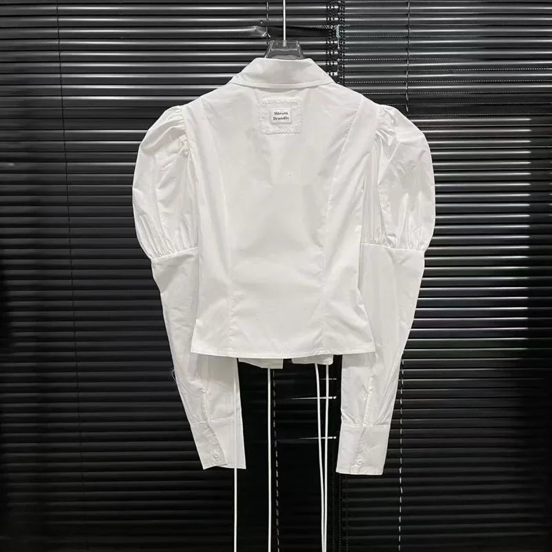Fashion Women's Bandage Design Lantern Sleeves Blouse Solid Color Casual Lapel Short Shirts Female Trend New Items