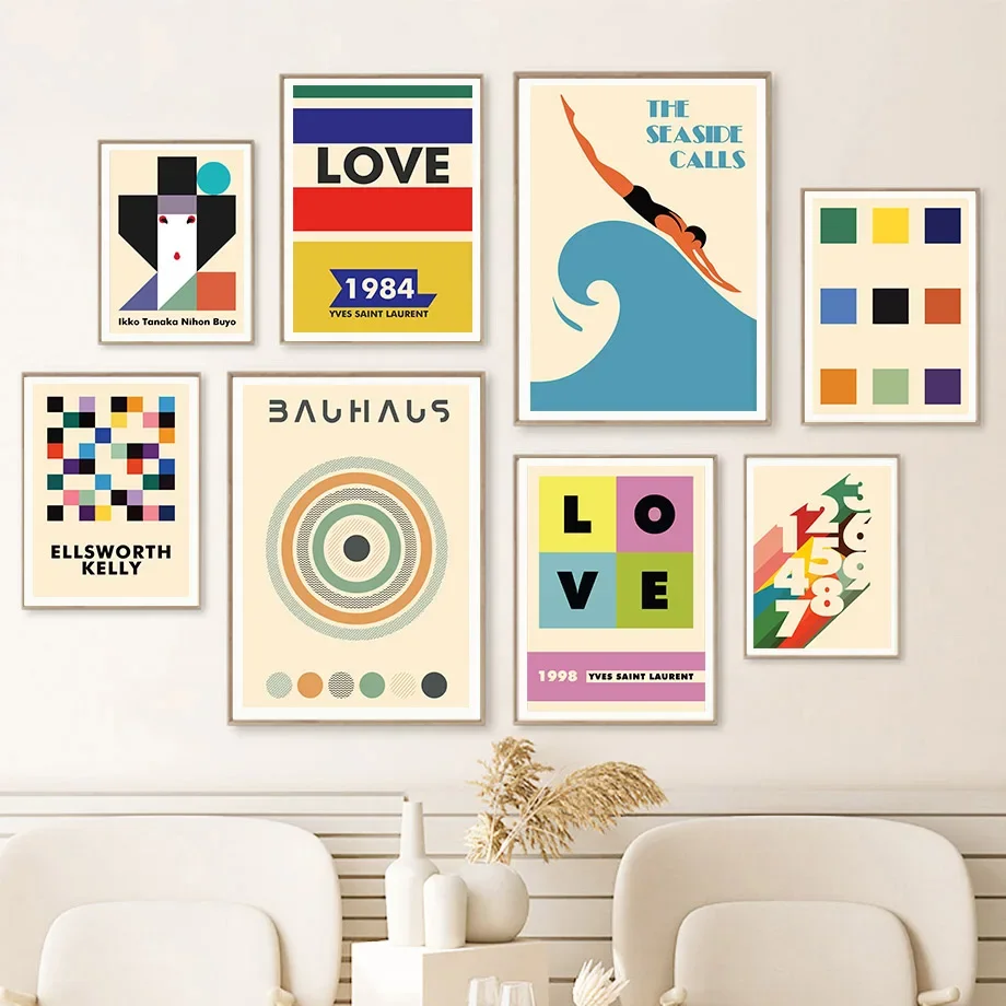 

Colorful Vintage Bauhaus Geometric 'Love' Wall Art Canvas Print - Living Room Decorative Poster Exhibition Style
