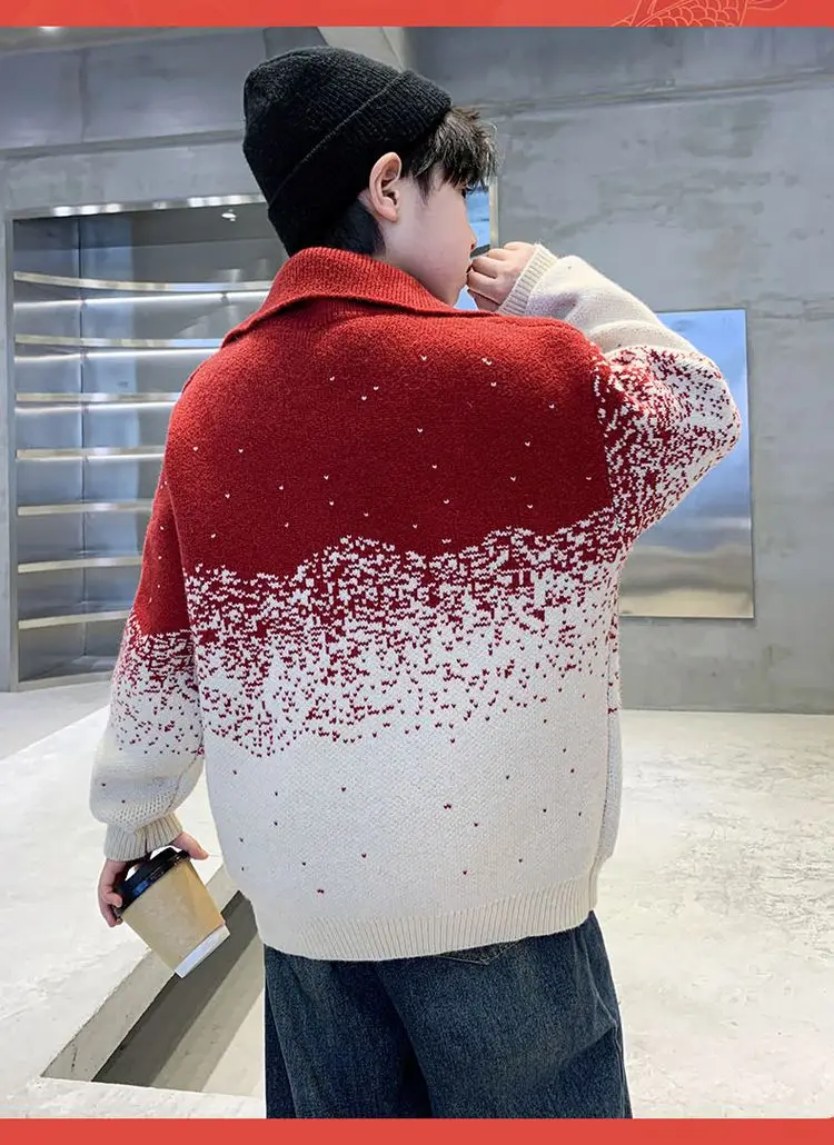 Kinder-Streifen-Polopullover mit halbem Reißverschluss für Jungen, Frühling, High-Street-Strickwaren, Teenager, Kinder, modische Strickpullover-Outfits – Detail 4