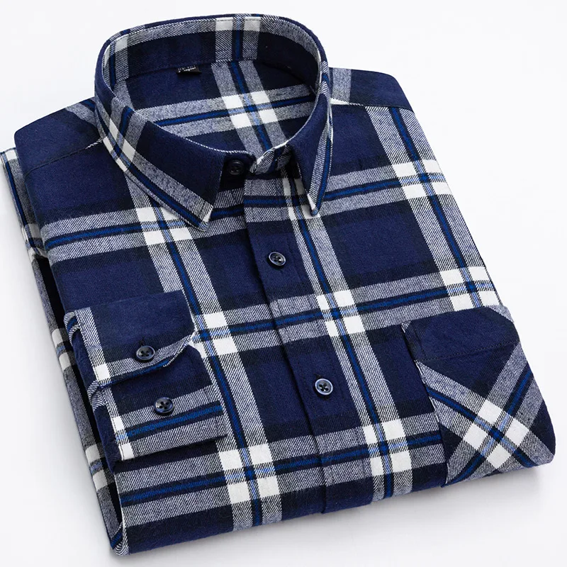 S-6XL Plaid Shirts For Men\'s Long Sleeve Cotton Fashion Single Patch Pocket Design Young Casual Standard-Fit Thick Flannel Shirt