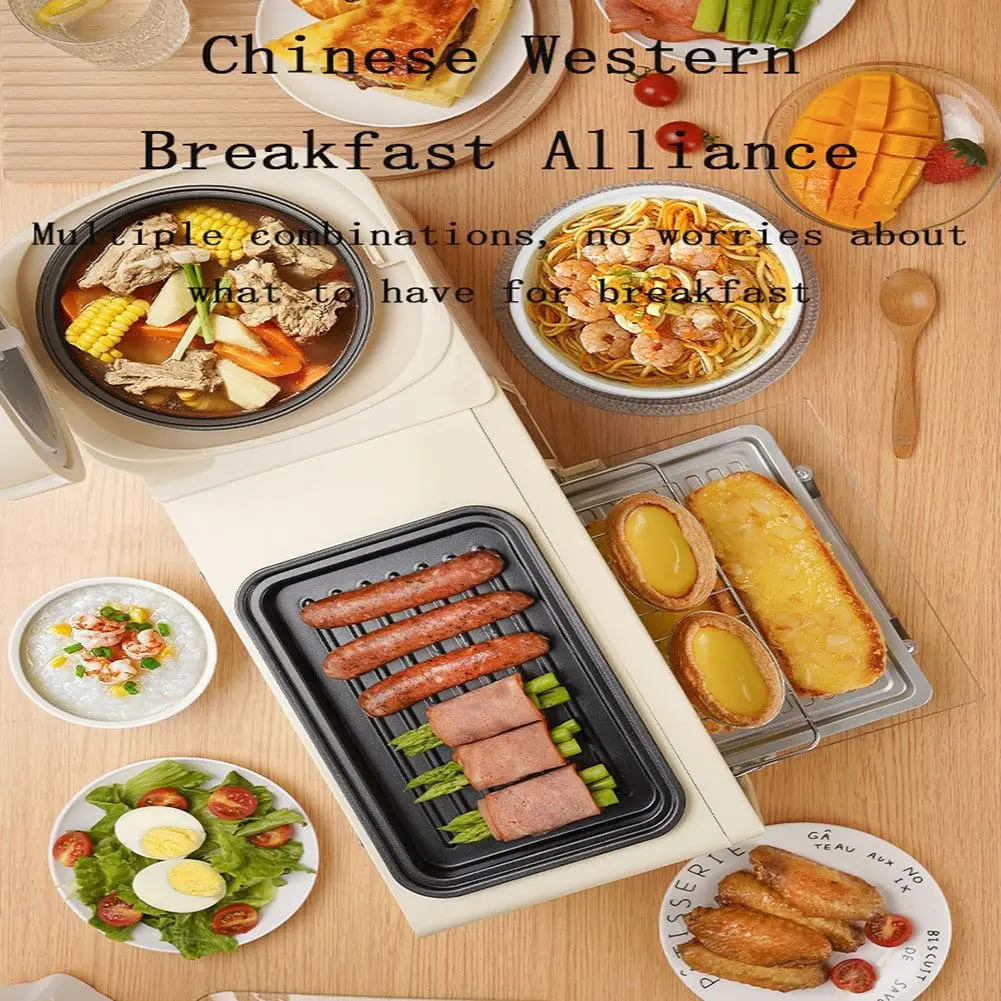 محطة الإفطار، ماكينة الإفطار متعددة الوظائف 4 في 1، مع وعاء طبخ سعة 1 لتر، مقلاة غير لاصقة، محمصة خبز كهربائية سعة 9 لتر للإفطار M