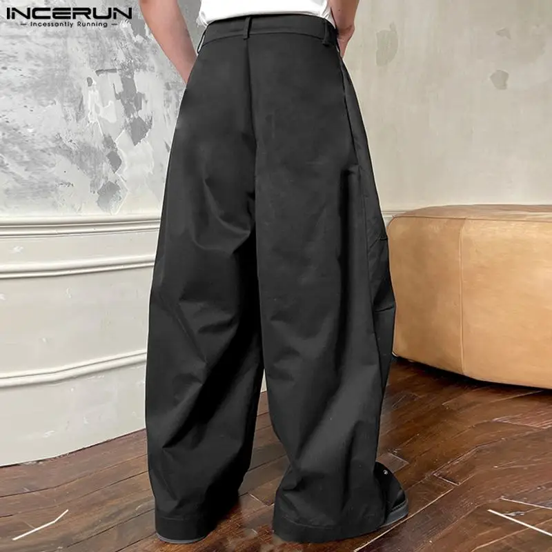 INCERUN Men Pants Solid Color Joggers Loose Button Korean Style Fashion Casual Trousers Men Streetwear 2024 Leisure Long Pants