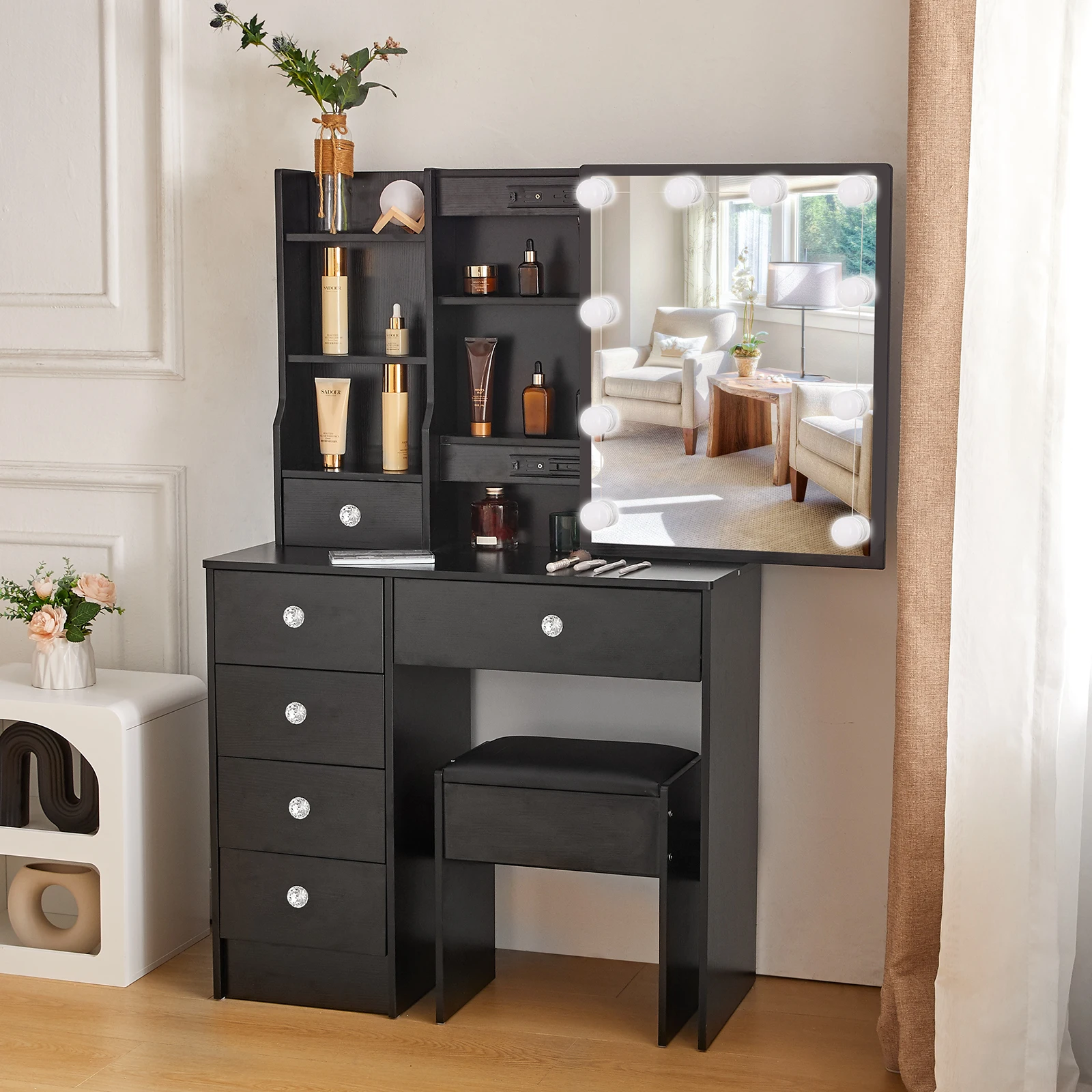 【صفقات 11.11، عروض الجمعة السوداء 2025】مكتب طاولة تزيين المكياج مع مرآة منزلق مكونة من 6 أدراج وإضاءة LED باللون الأسود