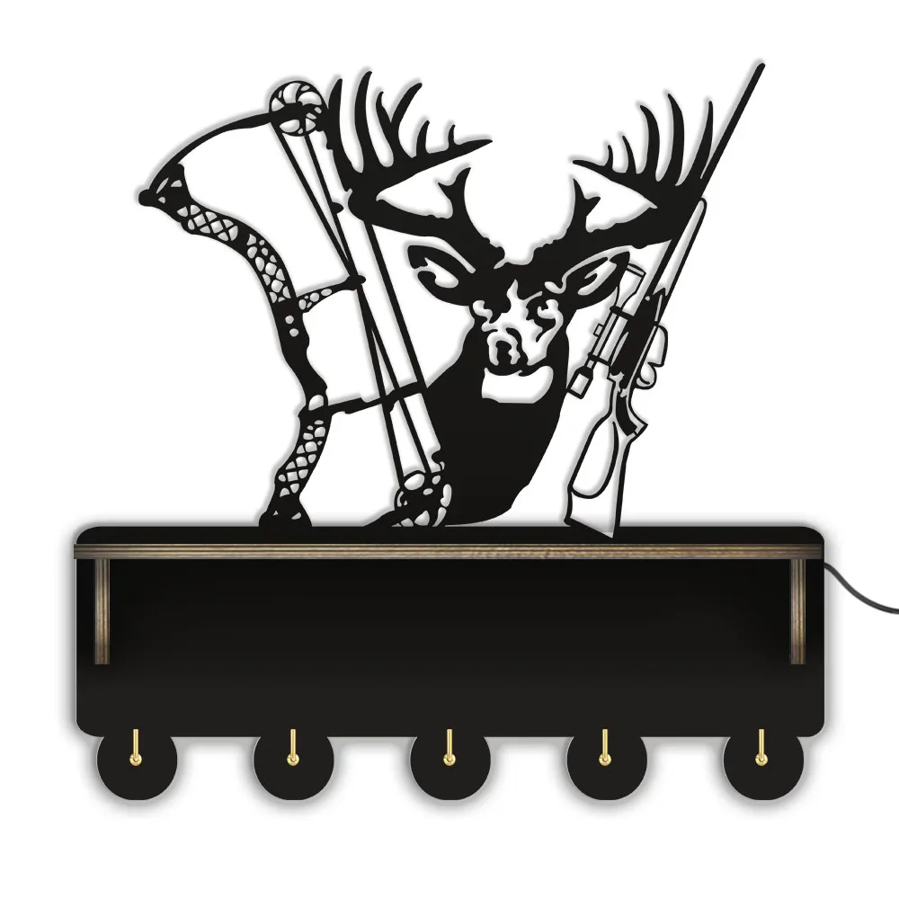 

Deer Hunter Wooden Wall Mount Coat Rack With Shelf For Living Room Animals Hunting Shot Gun Bow Entryway Organization Key Holder