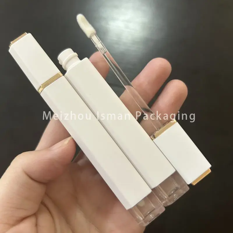 

50Pcs Square White Gold Top Lipgloss Container Refillable Empty Packaging Wand Tubes Liquid Lip Glaze Tube With Brush 4ml