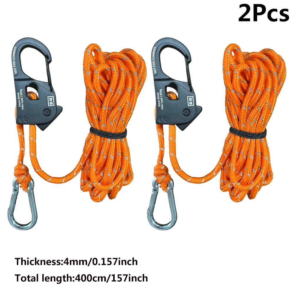 2 Peças 4m Ajustador de Corda para Barraca de Camping, Corda de Vento Refletiva com Polia de Aperto Rápido e Fivela para Toldo