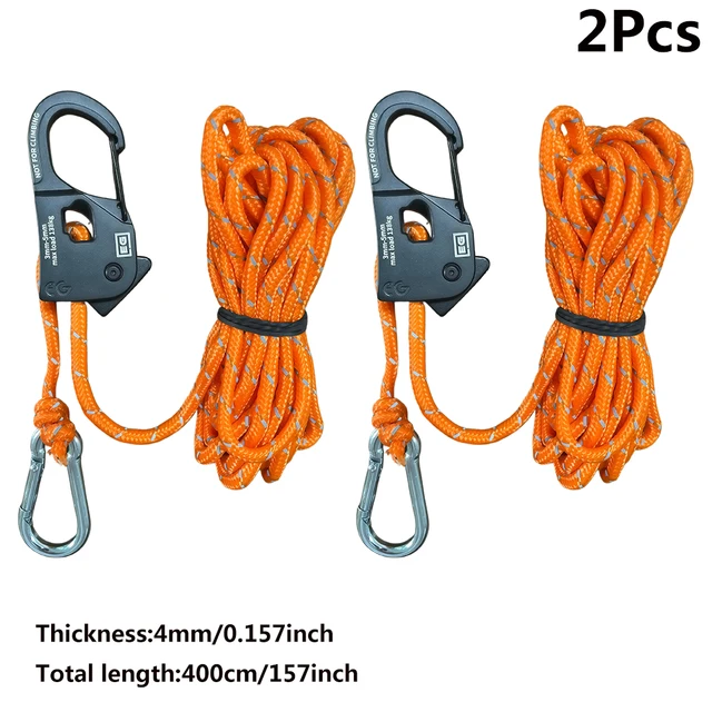 2 Peças 4m Ajustador de Corda para Barraca de Camping, Corda de Vento Refletiva com Polia de Aperto Rápido e Fivela para Toldo