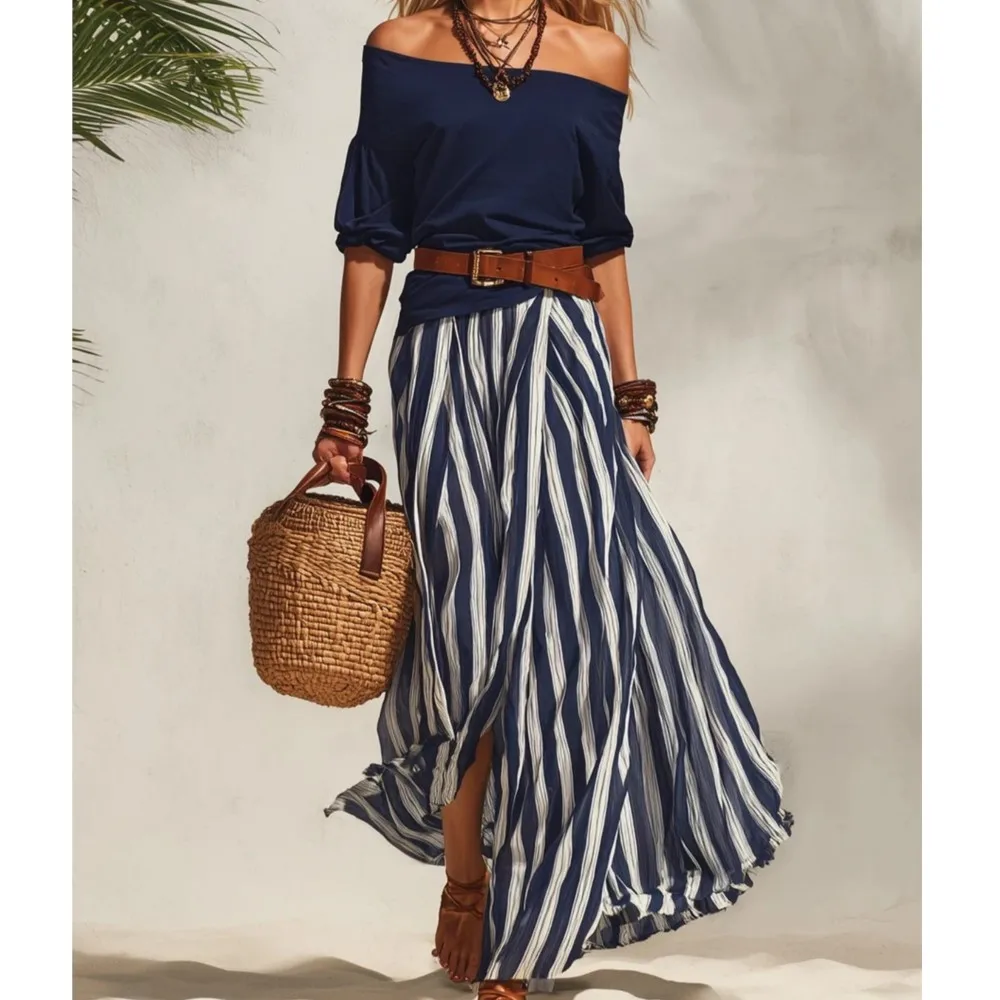 Women 2 Piece Sets One-piece Collar Quarter Sleeves Blouse High Waist Split Skirt Striped Long Skirt Summer Casual Leather Belt