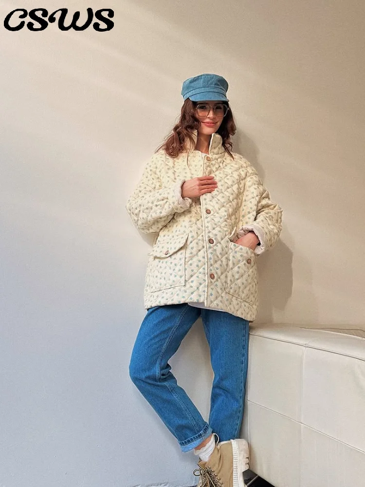 

Casual Print Cotton Women's Coat Fashion Loose Lapel Single Breasted Pocket Female Coats 2025 Winter Oversize Lady Jacket