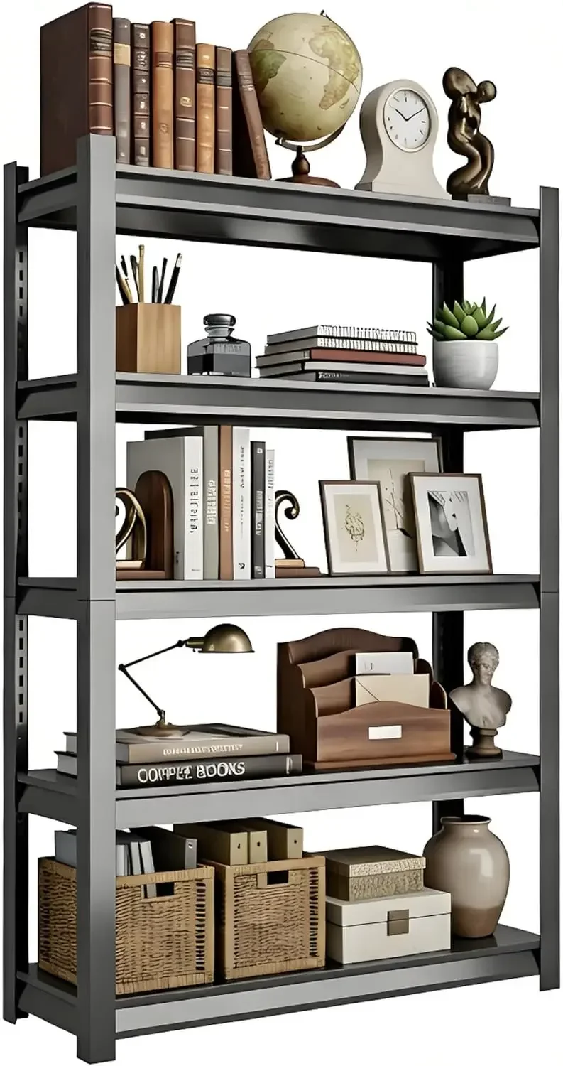 5-Tier Bookcase with Adjustable Storage Shelves, Metal Bookshelf with Book Stopper, Book Cases for Library, Office, Living Room