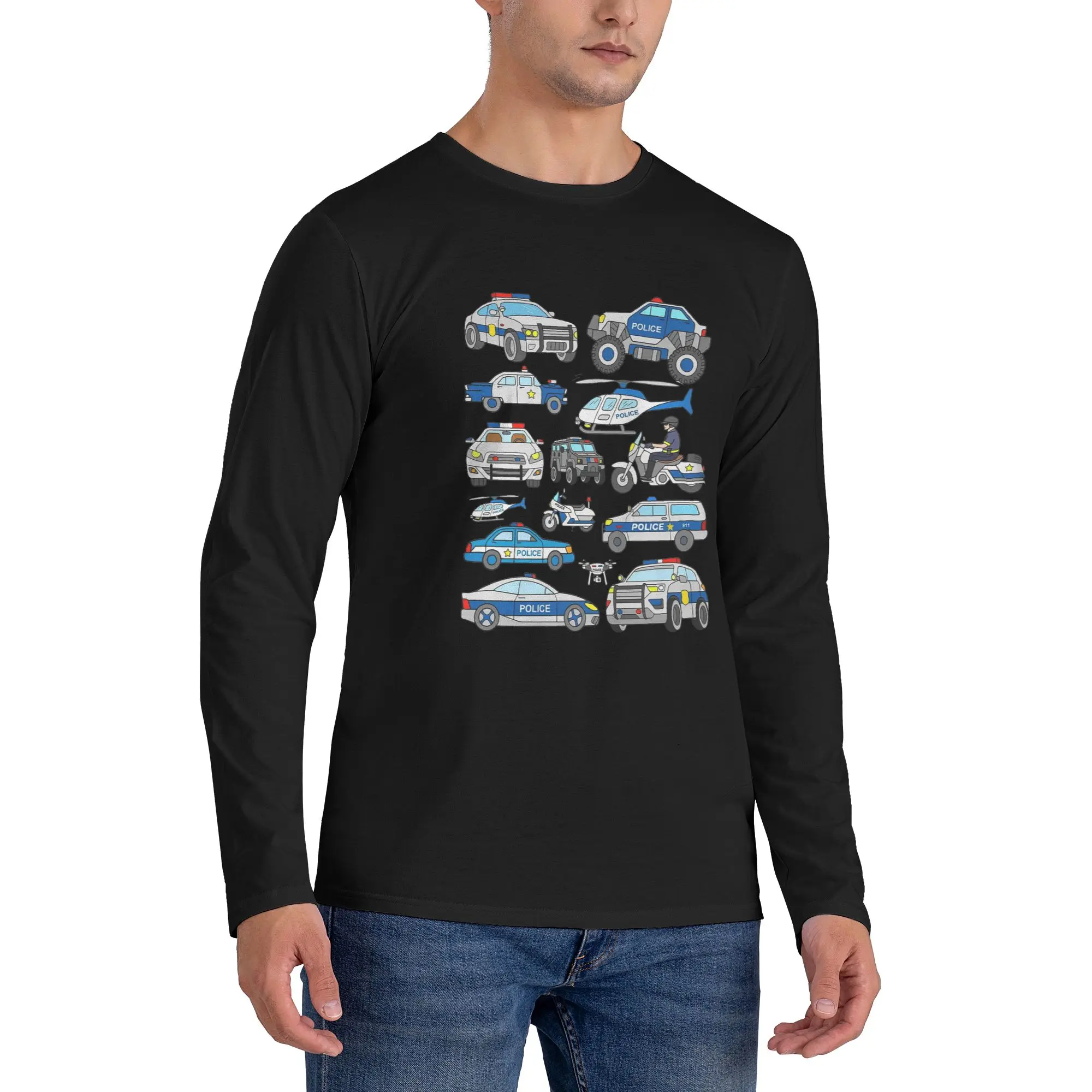 

Police Car Design Men's Long Sleeved T-shirt Casual Round Neck T shirts Spring and Autumn Men tops