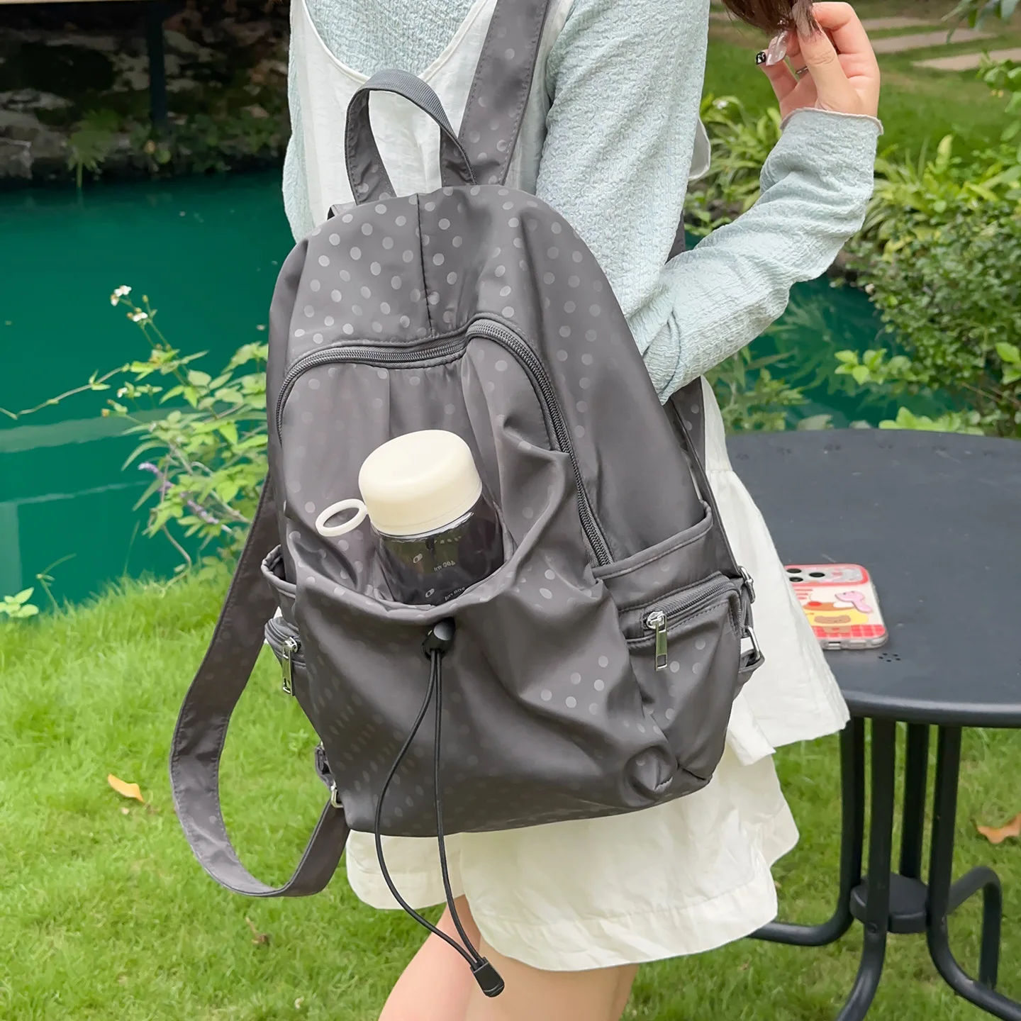 Nylon fabric lightweight and fashionable polka dot backpack, large-capacity student schoolbag, waterproof travel backpack