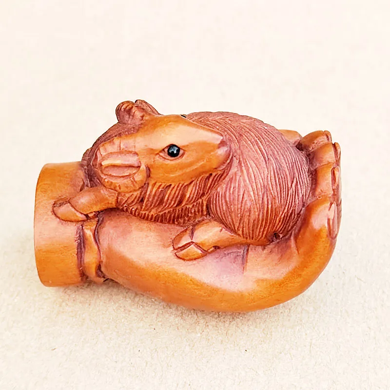 

GX827 - 20 Years Old 2" Hand Carved Boxwood Netsuke - Goat in Hand