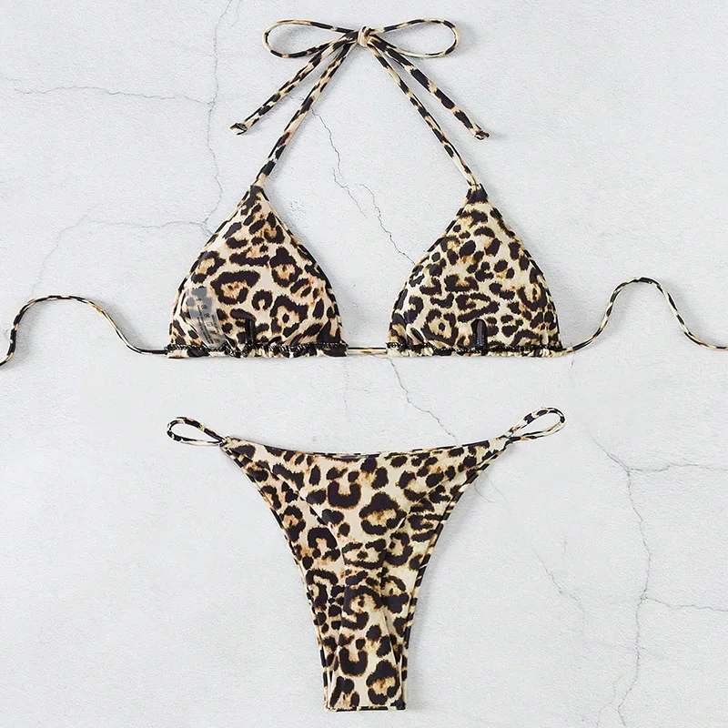 Conjuntos de bikinis con estampado de leopardo para mujer, traje de baño Sexy con Tanga y lazo de dos piezas, traje de baño, trajes de playa, bikini tankini