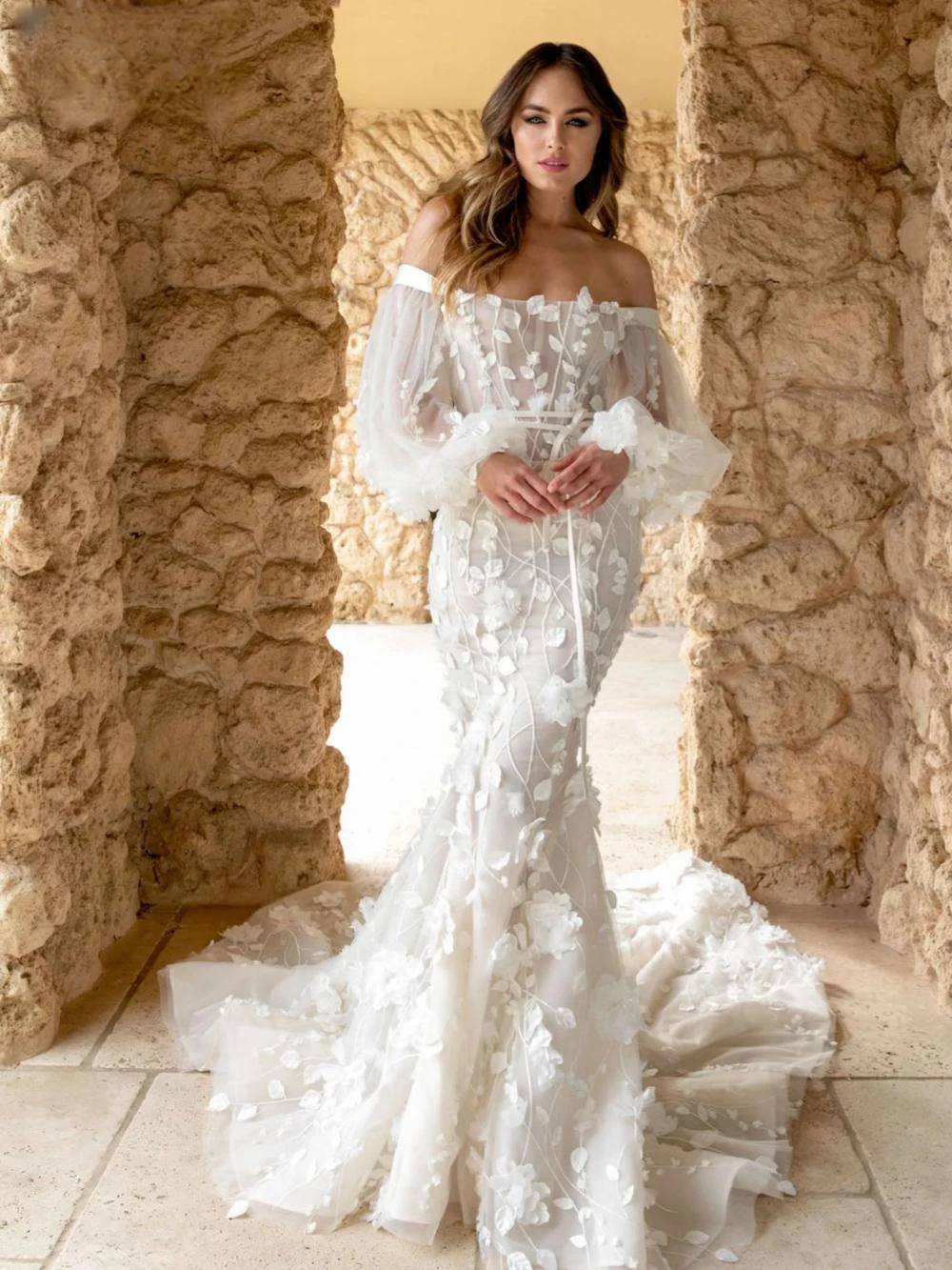 Robe de Mariée Longue en Dentelle avec Manches et Traîne Amovibles, Élégante, Sirène, Fleur 3D, pour Patients