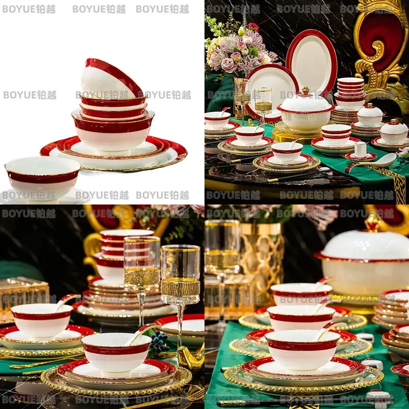 Jingdezhen High Temperature White Porcelain Dinnerware Set Chinese Ceramic Plates Bowls Chopsticks Red Gold Luxury Tableware