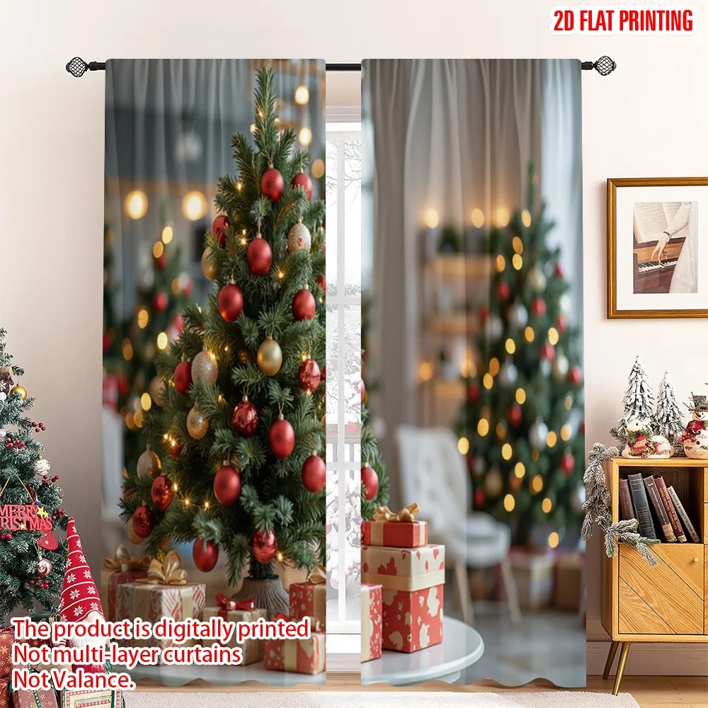 

2pcs 2D flat printing Christmas Party Curtain Christmas tree with ornaments 100% Polyester Fabric Without Electricity Festive