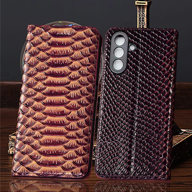 

For Samsung Galaxy A12 A22 A32 A42 52 A72 A13 A23 A33 4G 5G Dragon Scale Pattern Of Genuine Leather Flip Phone Case Cowhide