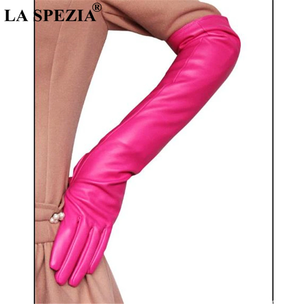 LA SPEZIA-guantes largos de cuero Pu para mujer, color negro, blanco, rojo, café, rosa, moda de otoño e invierno