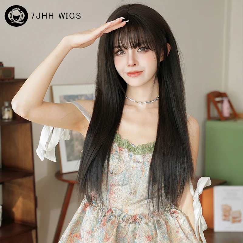 7JHH WIGS Routine Wig Synthetic Long Straight Dark Brown Wigs with Fluffy Bangs Soft Layered Hair Wig for Women Glueless Wig