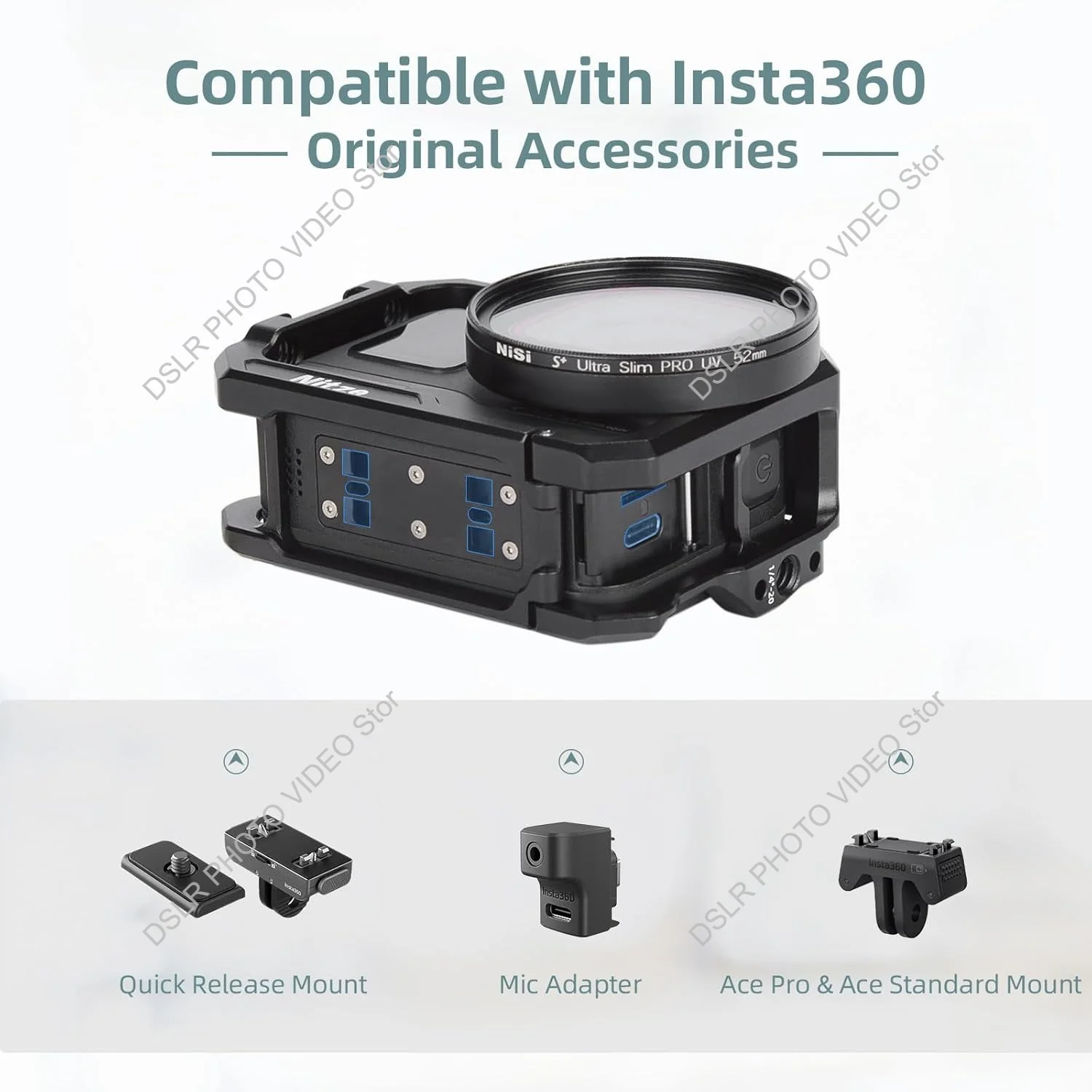 Nitze Gabbia in alluminio per fotocamera Insta360 Ace/Ace Pro/Ace Pro 2 Acti con anello adattatore filtro da 52 mm