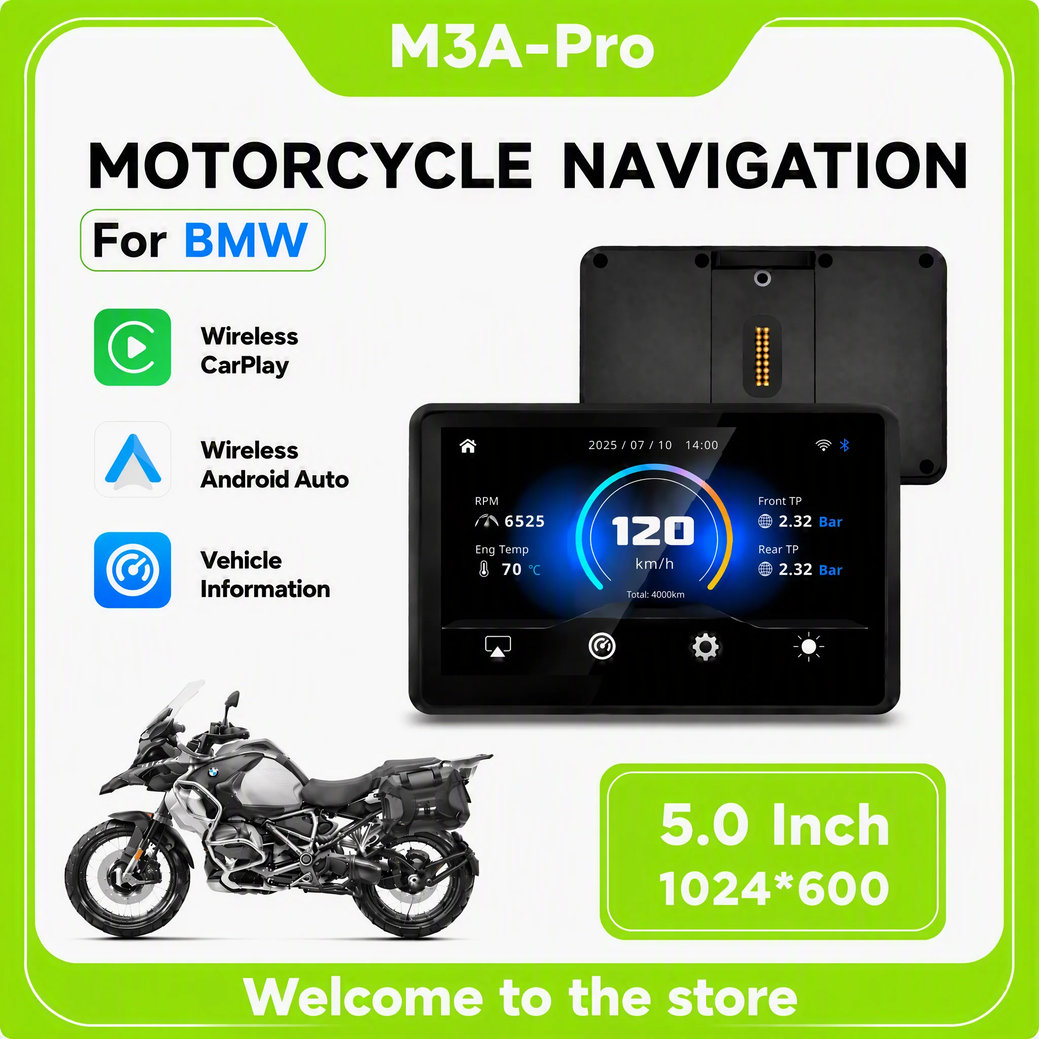 5 Inch Motorcycle Display For BMW R1200GS R1250GS F800 F900 S1000XR Wireless CarPlay & Android Auto IP67 Waterproof Vehicle Data