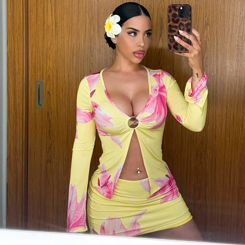 Women Tropical Print 2pcs Sets Lady Beach Holiday Party Ins Chic Hotsweet Suit Metal Ring Coat Hip Skirt Sets Female Split Tops