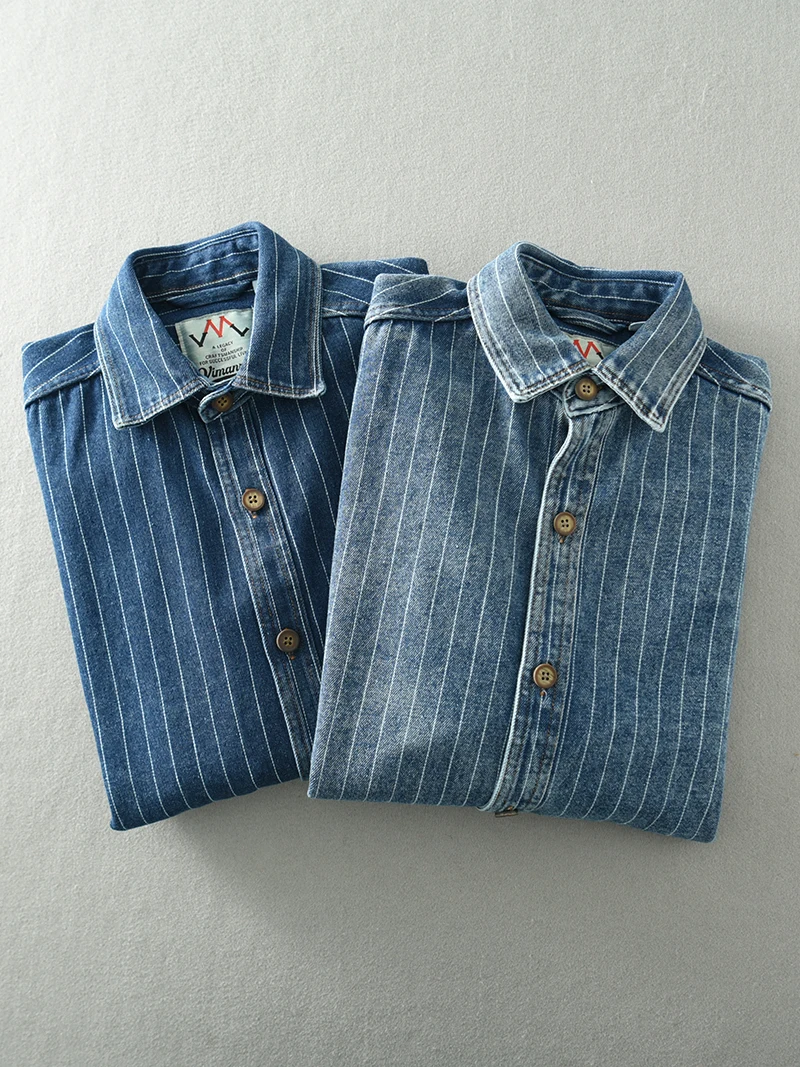 Spring And Summer New American Retro Men\'s Striped Washed Make Old Casual Denim Shirt Fashion Trend Loose Casual Tops