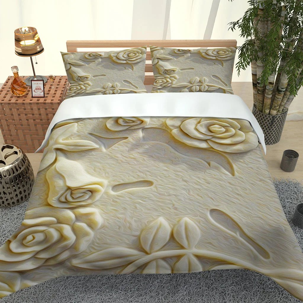 HUANZHUANG Duvet Cover Super King Size 3D Yellow Flowers Statue 3 Piece Quilt Cover Printed Bedding Sets With Zipper Closure